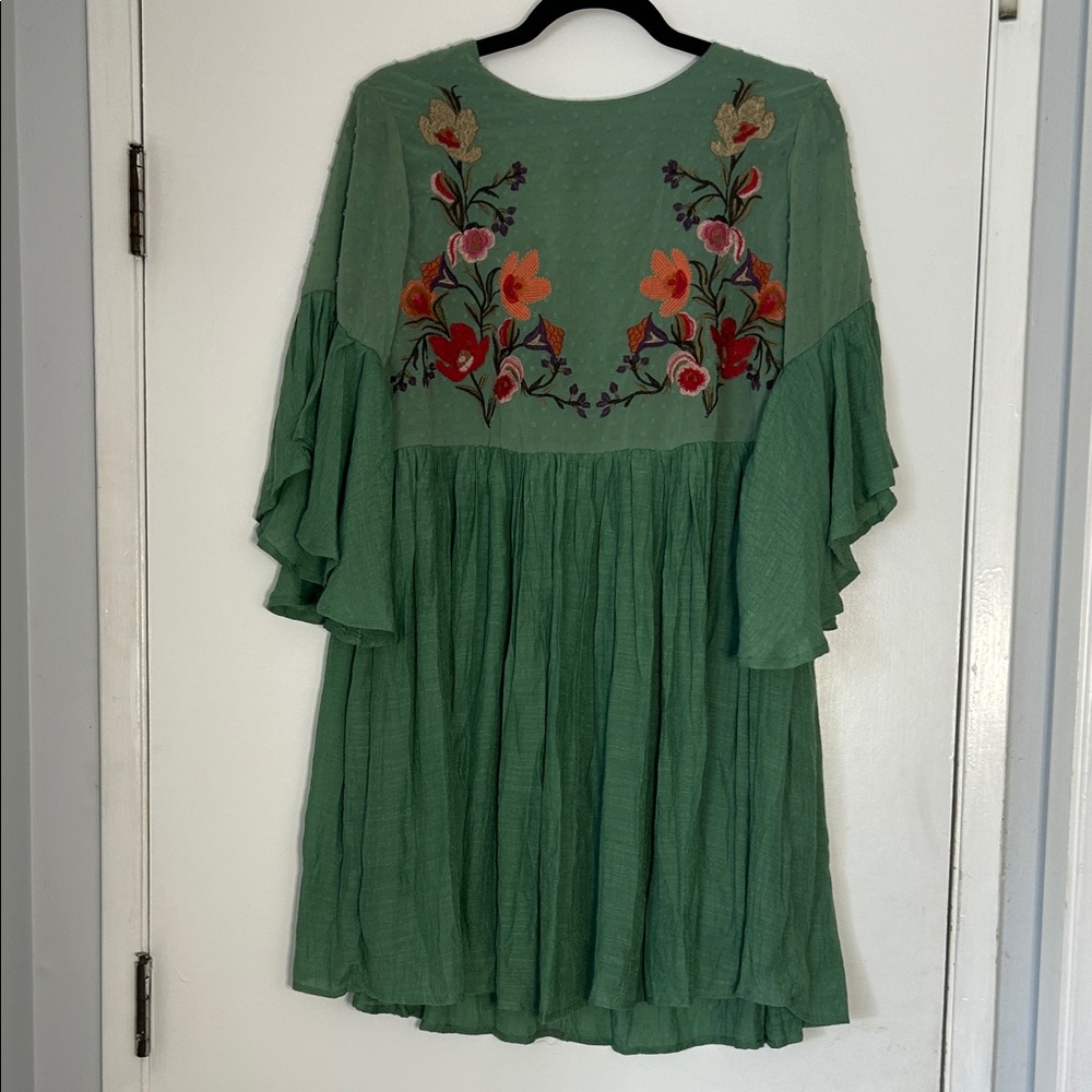Umgee Floral Embroidered Green Dress Boho Size S